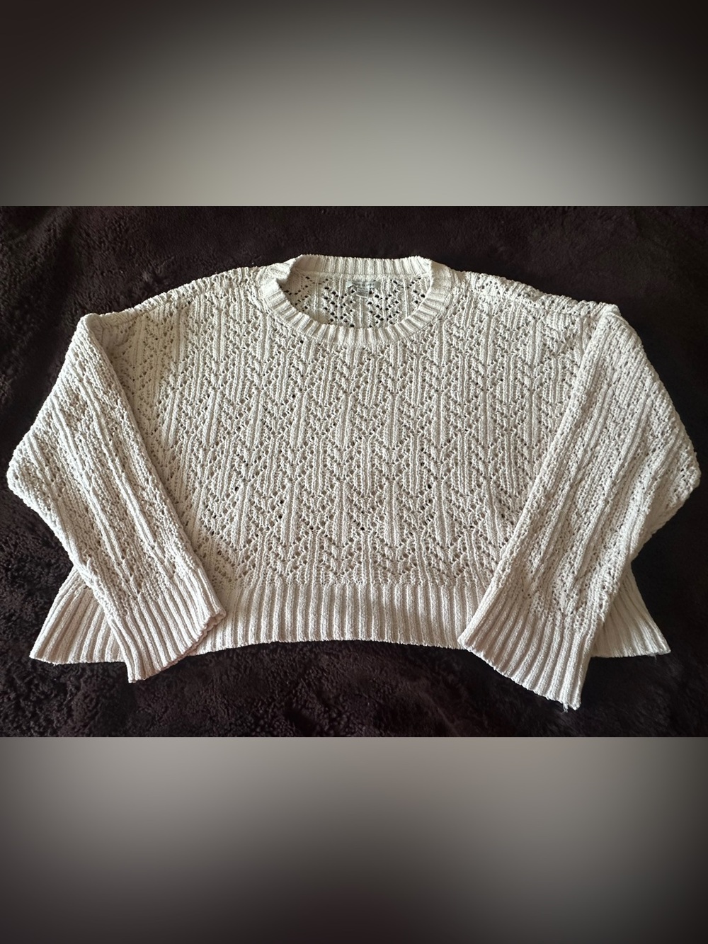 American Eagle Outfitters Ivory Open-Knit Cropped Crew Sweater